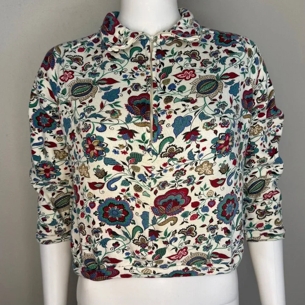 Vintage 1960s Girls’ Floral Print Sweatshirt, Half Zip, Karinda of California 8